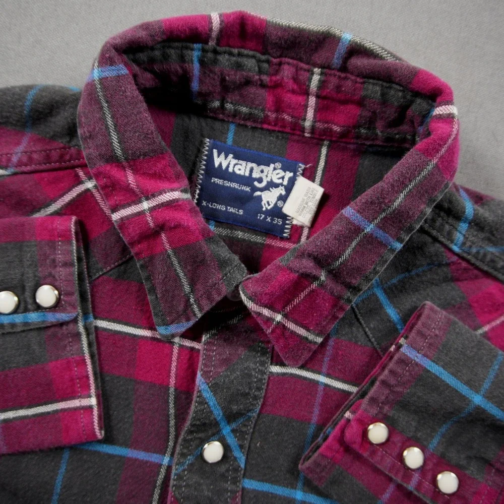 Vintage USA Wrangler Western Cowboy Rodeo Plaid Pearl Snap Flannel Men Shirt L